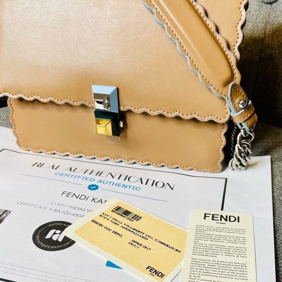 Fendi Kan Bag w/ Blue Scalloped Edging, Convertible Chain Strap & Suede Interior - Picture 2 of 15
